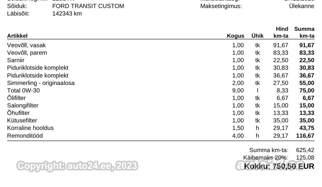 Ford Transit Custom 2.0 77kW auto24.ee